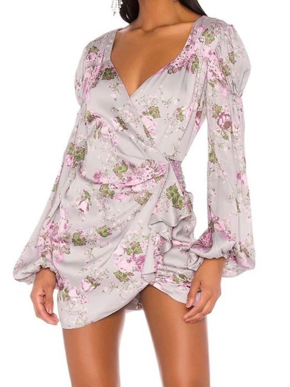 For Love & Lemons Jardin Floral Mini Dress gray lilac long sleeve surplus front